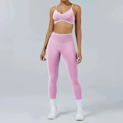 Conjunto de yoga sin costuras para mujer, sujetador acolchado, camisola, leggings de tiro alto para levantar la cadera, conjunto deportivo de 2 piezas para entrenamiento.