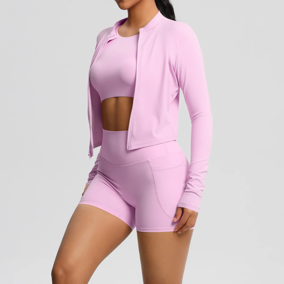 Nude Brushed Yoga Three-Piece Set – Long-Sleeved Sports Jacket, Casual Pocket Shorts & Hip-Lifting Design, for Running Fitness