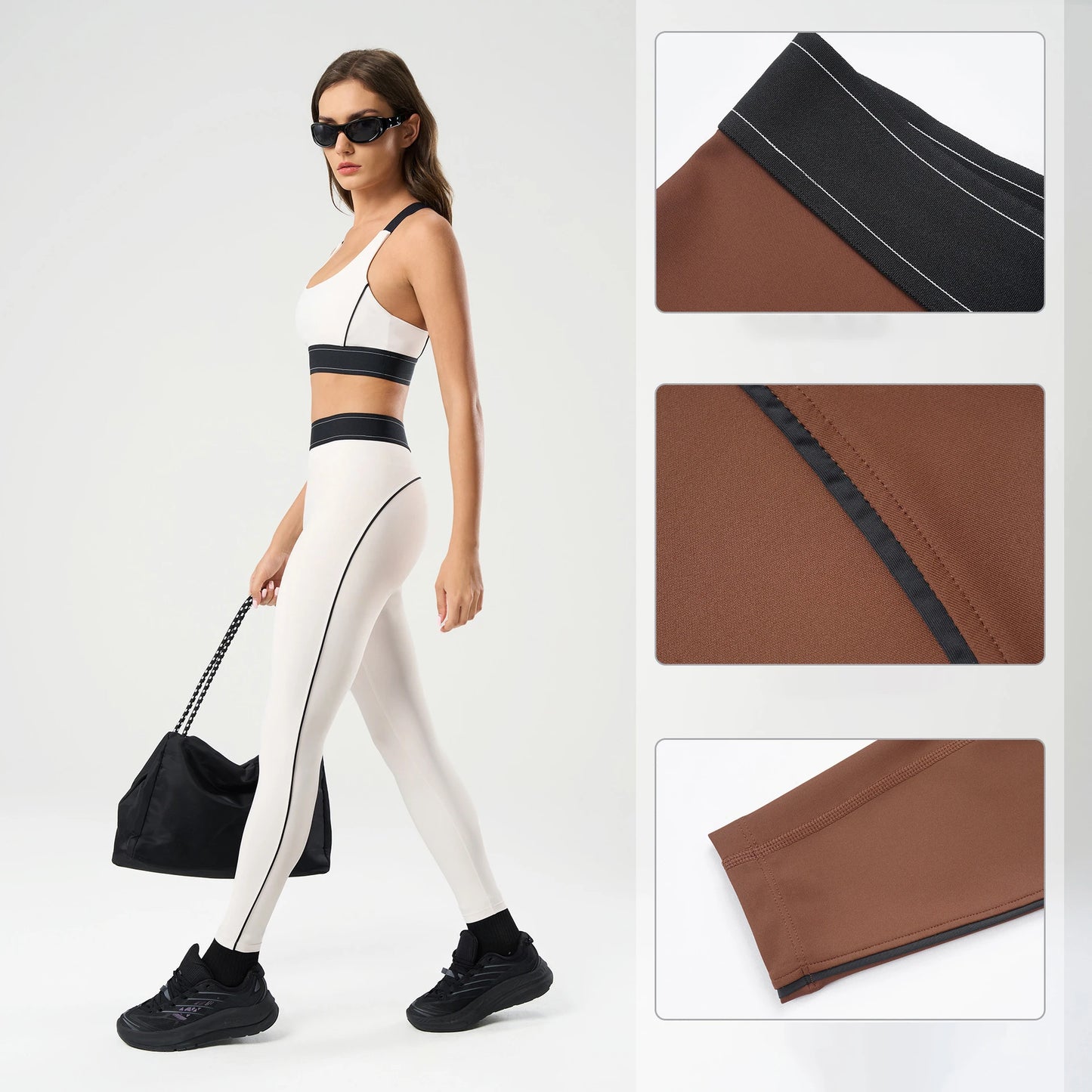 Women's High Waist Butt Lifting Yoga Set - High Impact Supportive Sports Bra and Leggings Gym Outfit with Contrast Color