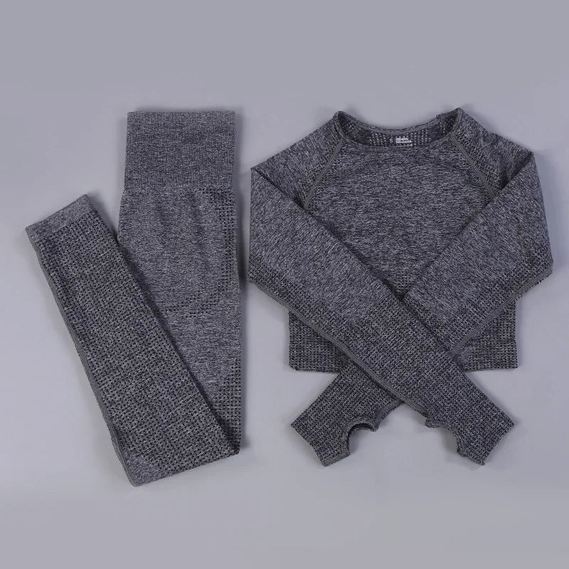 Conjunto de yoga sin costuras de leggings y top, mono de fitness, top de yoga de manga larga para mujer, ropa deportiva de gimnasio para mujer
