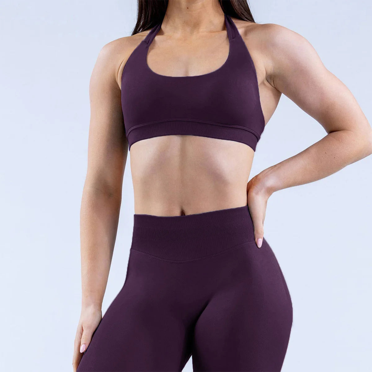 Sujetador deportivo halter sin costuras para mujer, con espalda abierta, a prueba de golpes, elástico, top de yoga para gimnasio, correr, fitness y uso diario casual