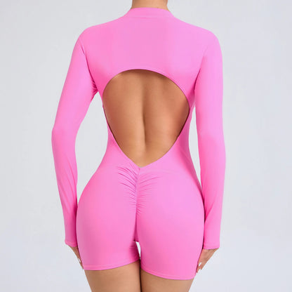 Women's V Back Scrunch Push Up Sports Jumpsuit Zipper One-Piece Fitness Rompers High Waist Bodysuits Butt Lift Training Overalls