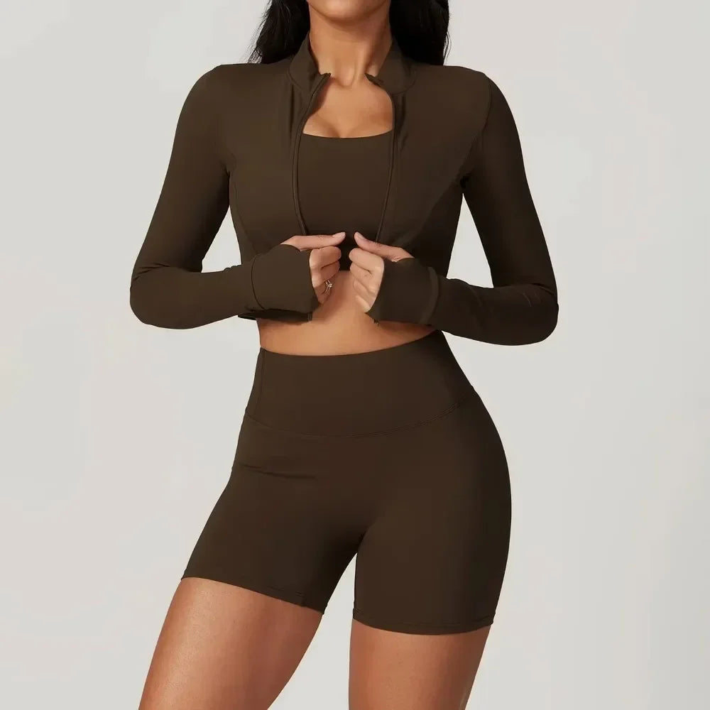 Conjunto de 3 piezas de ropa deportiva para mujer: Top de yoga, chaqueta, pantalones, leggings, sujetador deportivo, shorts ajustados, ropa de gimnasio, trajes de fitness
