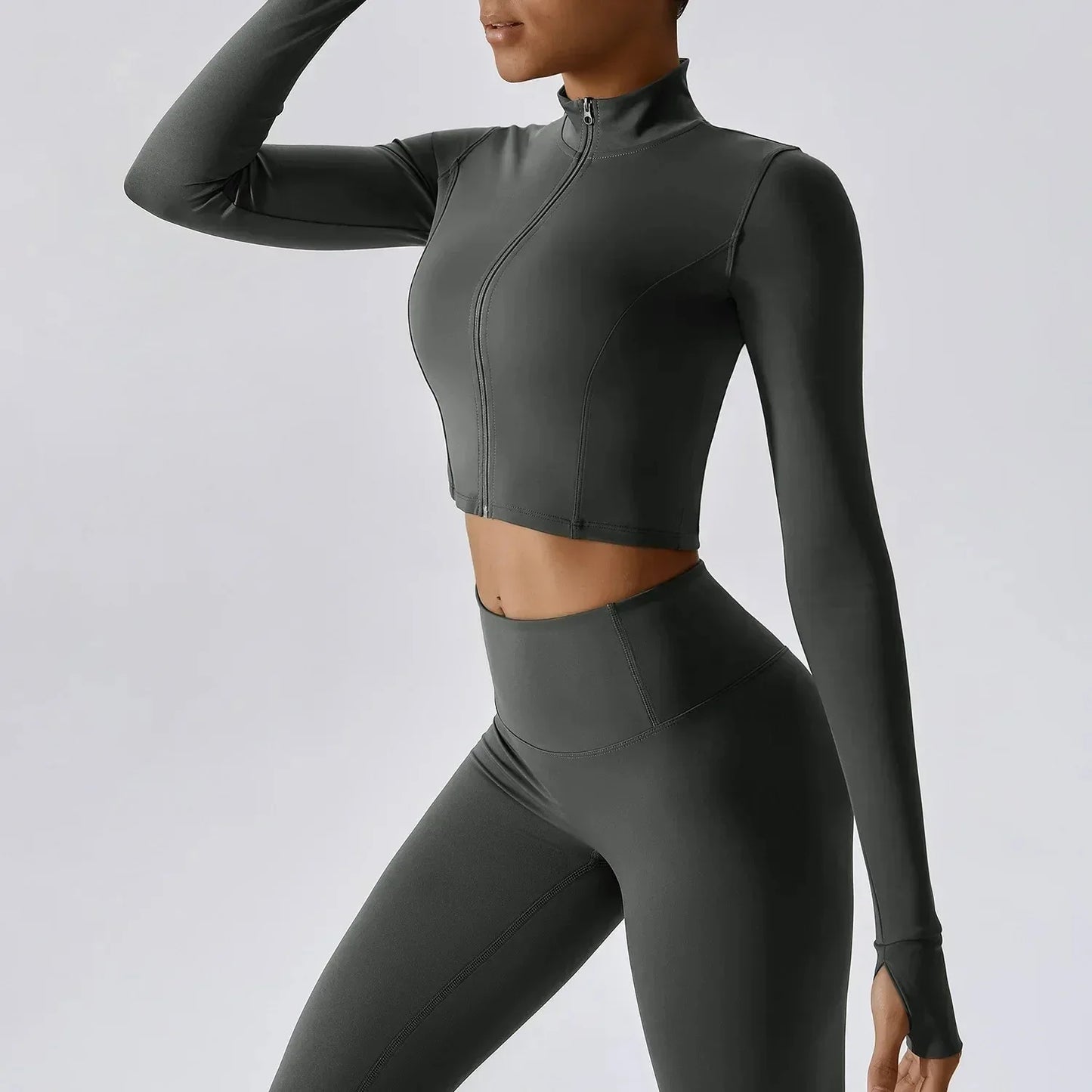 Sports Long Sleeved Women Slim Yoga Clothes Quick Dry Zipper Cardigan Stand Up Collar Jacket Running Fitness Jacket Outdoor Top