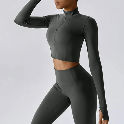Sports Long Sleeved Women Slim Yoga Clothes Quick Dry Zipper Cardigan Stand Up Collar Jacket Running Fitness Jacket Outdoor Top