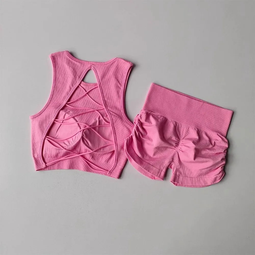 2025 Women's Seamless Racerback Yoga Set – Sports Bra + Shorts – Moisture-Wicking Activewear for Running, Fitness & Workouts