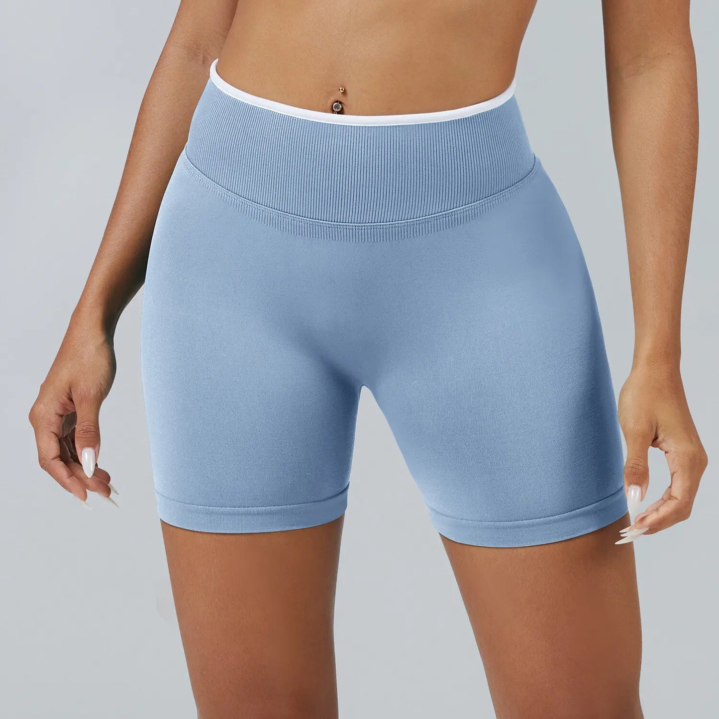Pantalones cortos de yoga de cintura alta sin costuras con bloques de color para mujer, levantamiento de cadera, pantalones deportivos delgados para trotar, entrenar en el gimnasio, uso diario