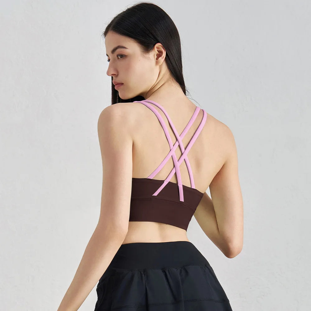 Sujetador deportivo de yoga Naked Feel para mujer - Top sin mangas con almohadillas y espalda cruzada para yoga, fitness, gimnasio