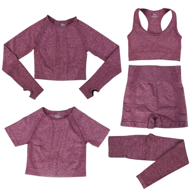 Women's 5-Piece Seamless Yoga Set, Dot Print Crop Top High Waist Leggings Long Sleeve Activewear for Gym Pilates Outdoor Fitness