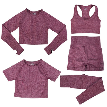 Women's 5-Piece Seamless Yoga Set, Dot Print Crop Top High Waist Leggings Long Sleeve Activewear for Gym Pilates Outdoor Fitness