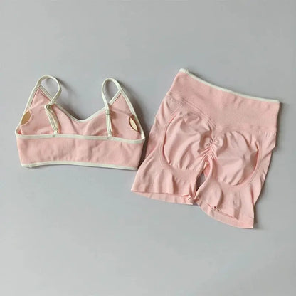 Conjunto deportivo sin costuras para mujer, sujetador deportivo acolchado, pantalones cortos de yoga que levantan la cadera para fitness