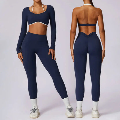 Traje de yoga de mujer con espalda hermosa y colores contrastantes, ropa deportiva ajustada para yoga, fitness y uso diario