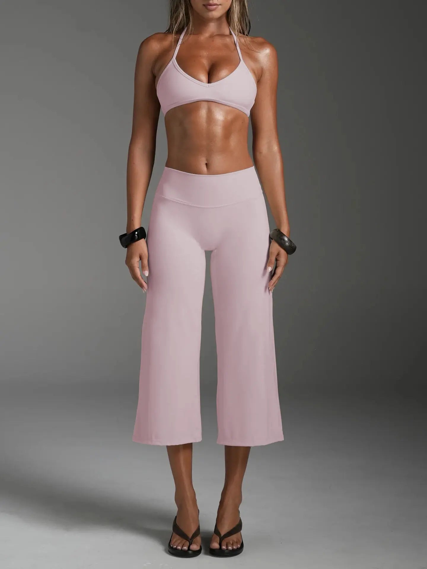 Women Halter Bralette Yoga Outfit Elastic Wide Leg Pants Set, Lightweight Slim Activewear, Fitness Suit for Running Daily Sports