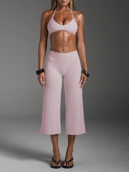 Women Halter Bralette Yoga Outfit Elastic Wide Leg Pants Set, Lightweight Slim Activewear, Fitness Suit for Running Daily Sports