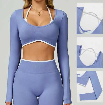 Women's Gym Seamless Contrast Color Yoga Set - Hollow Back Workout Shirt High Waist Fitness Leggings Tight Outdoor Outfit