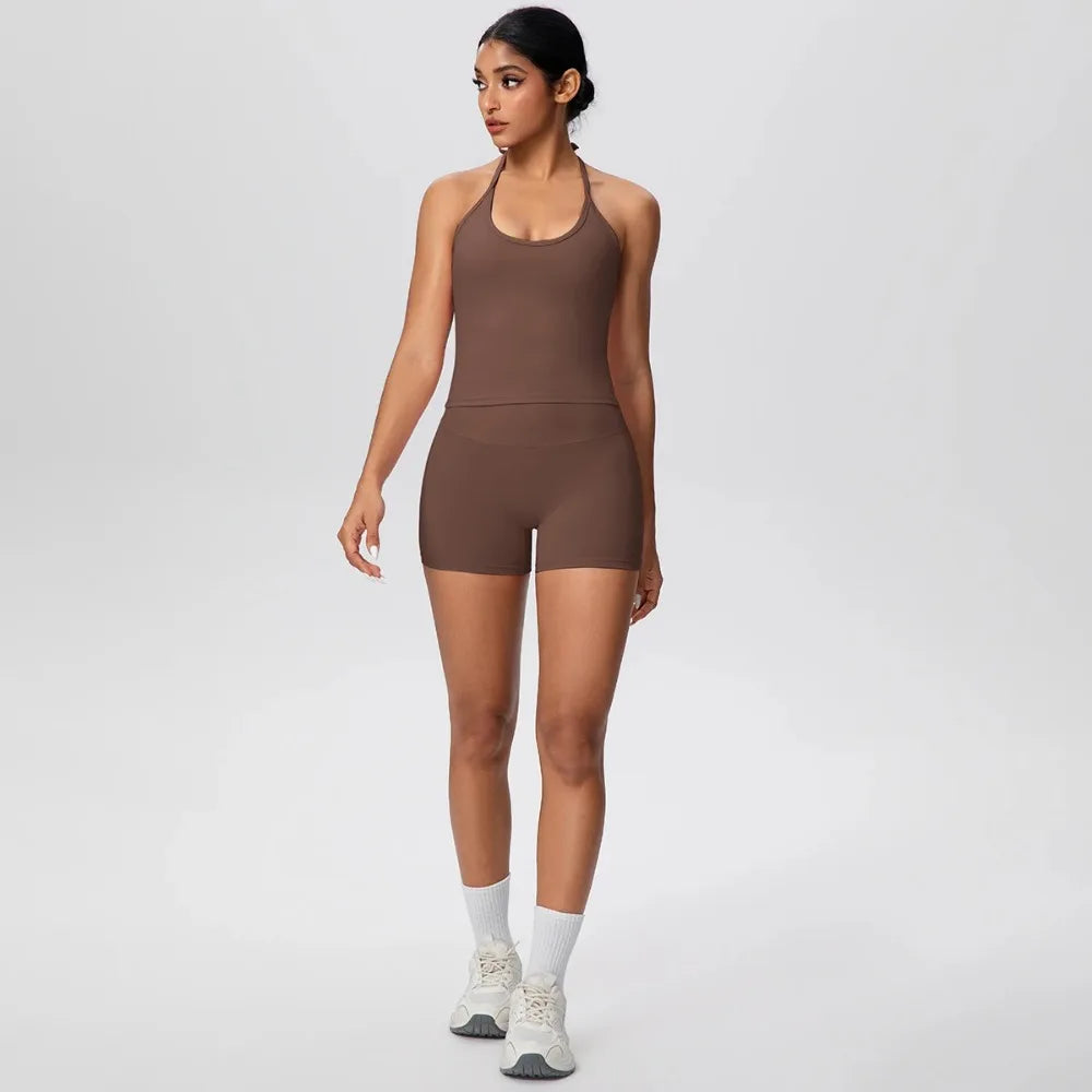 Conjunto de yoga para gimnasio de 2 piezas para mujer, chaleco sin espalda con tirantes en el cuello, tirantes finos en los hombros, shorts de fitness de cintura alta para mujer, traje deportivo