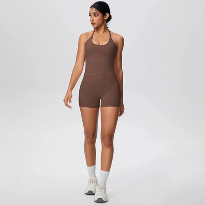 Conjunto de yoga para gimnasio de 2 piezas para mujer, chaleco sin espalda con tirantes en el cuello, tirantes finos en los hombros, shorts de fitness de cintura alta para mujer, traje deportivo