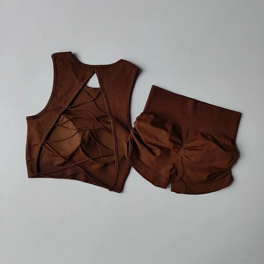 2025 Women's Seamless Racerback Yoga Set – Sports Bra + Shorts – Moisture-Wicking Activewear for Running, Fitness & Workouts