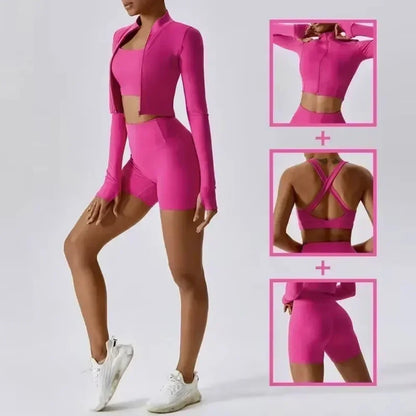 Conjunto de 3 piezas de ropa deportiva para mujer: Top de yoga, chaqueta, pantalones, leggings, sujetador deportivo, shorts ajustados, ropa de gimnasio, trajes de fitness