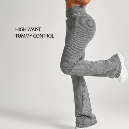 Women's Yoga High Waist Tummy Control Pants - Slim Fit Ribbed Flare Leg Trousers, Workout Lounge Pants Bottoms for Ladies