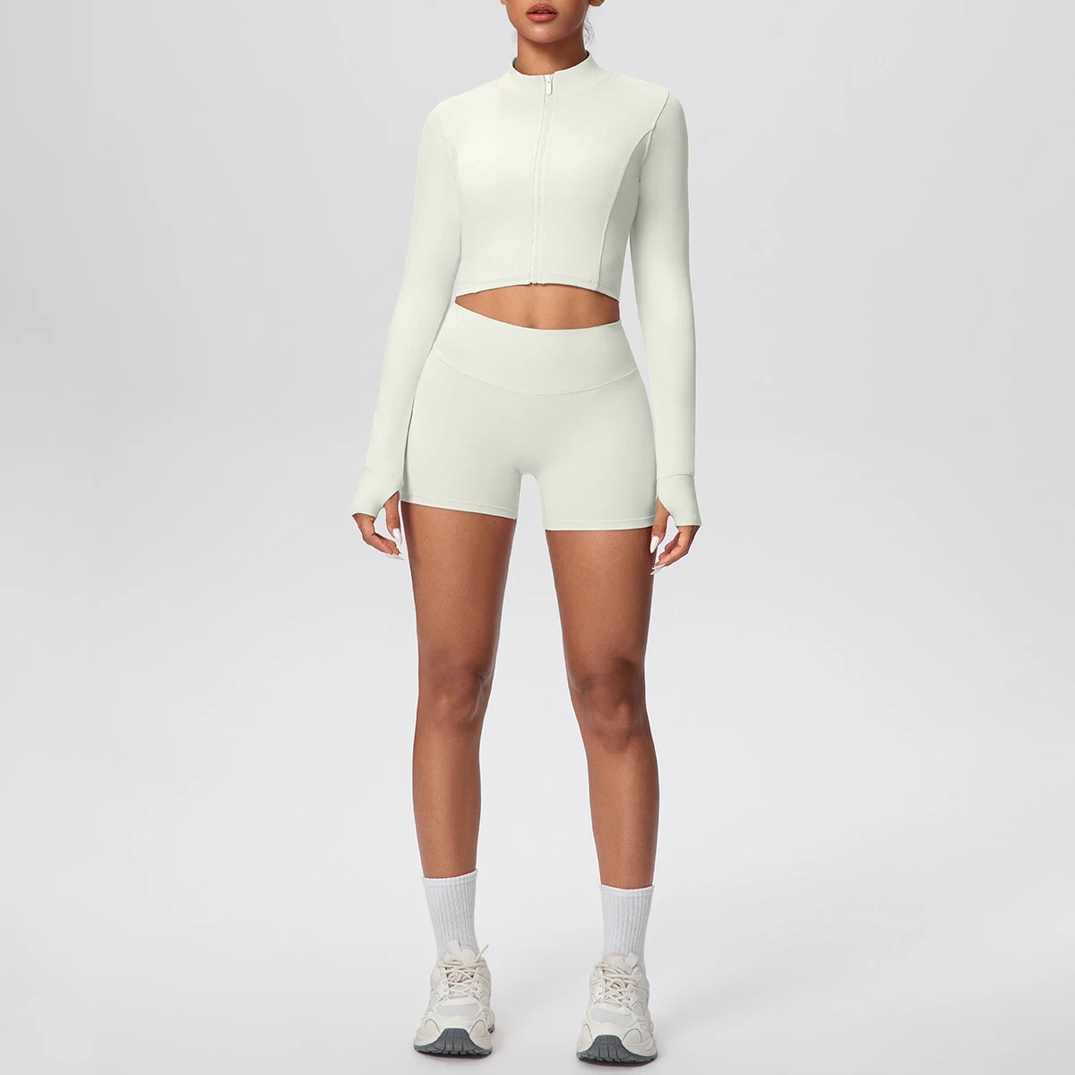 2Pieces Fitness Yoga Set Thumbhole Long Sleeve Top & Gym Shorts, Zipper Activewear for Women Yoga, Running, Workout Training