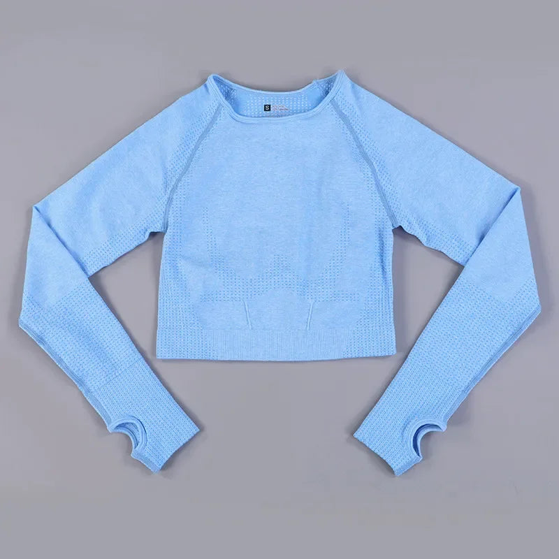 Seamless Knitting Yoga Shirt for Women Fitness Gym Shirt Breathable with Thumb Hole Workout Exercise Long Sleeved Woman Outfit