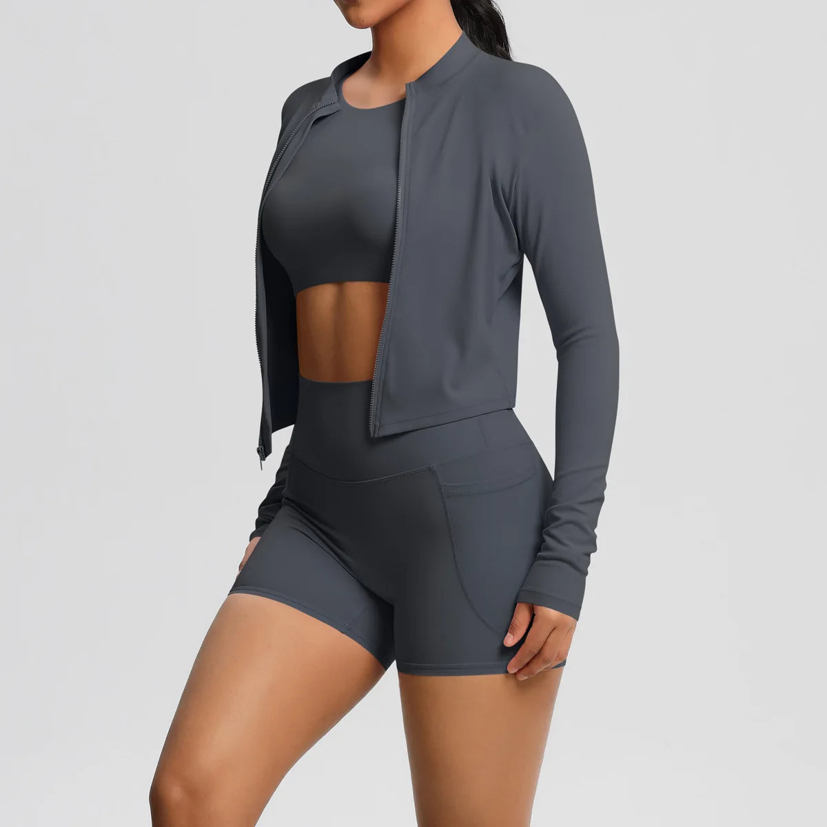 Nude Brushed Yoga Three-Piece Set – Long-Sleeved Sports Jacket, Casual Pocket Shorts & Hip-Lifting Design, for Running Fitness
