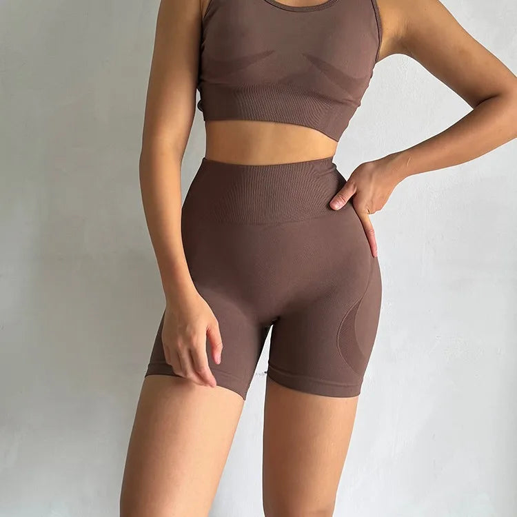 Conjunto de 2 piezas sin costuras de yoga para mujer – Pantalones cortos y top de secado rápido, ropa deportiva de espalda cruzada – Conjunto de fitness para correr, yoga y entrenamientos
