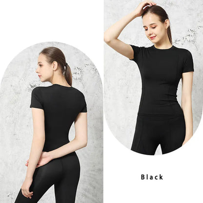 Camiseta deportiva ajustada de secado rápido, slim fit, para exteriores, de manga corta, para gimnasio, correr, ropa de yoga para mujer