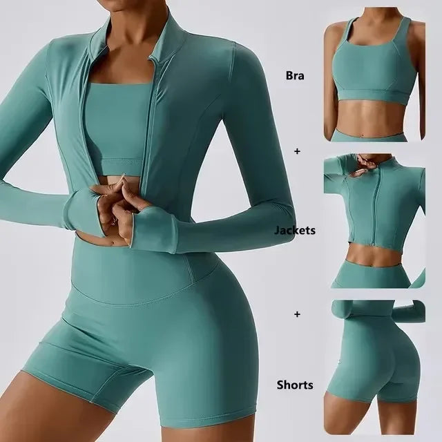 Conjunto de yoga 3 piezas traje deportivo para mujer ropa de yoga de secado rápido chaquetas de gimnasia ropa deportiva para mujer chaquetas de running conjunto para mujer