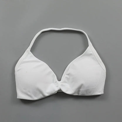 Sujetador deportivo tipo halter con tirantes y escote en V para mujer, soporte bajo, fruncido, espalda abierta sexy, top corto de gimnasio, copas acolchadas, sin costuras, para entrenamiento o yoga