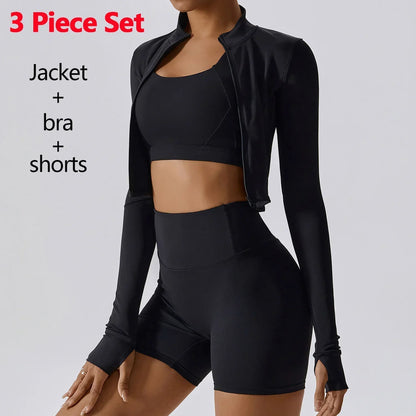 Conjunto de 3 piezas de ropa deportiva para mujer: Top de yoga, chaqueta, pantalones, leggings, sujetador deportivo, shorts ajustados, ropa de gimnasio, trajes de fitness