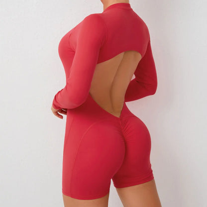 Women's V Back Scrunch Push Up Sports Jumpsuit Zipper One-Piece Fitness Rompers High Waist Bodysuits Butt Lift Training Overalls