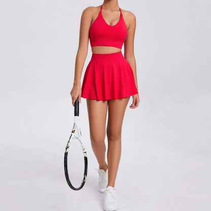 Conjunto de yoga para mujer con sujetador y falda corta de tenis - Traje de fitness, conjunto de running, camiseta sin mangas para exteriores con bolsillo, ropa deportiva