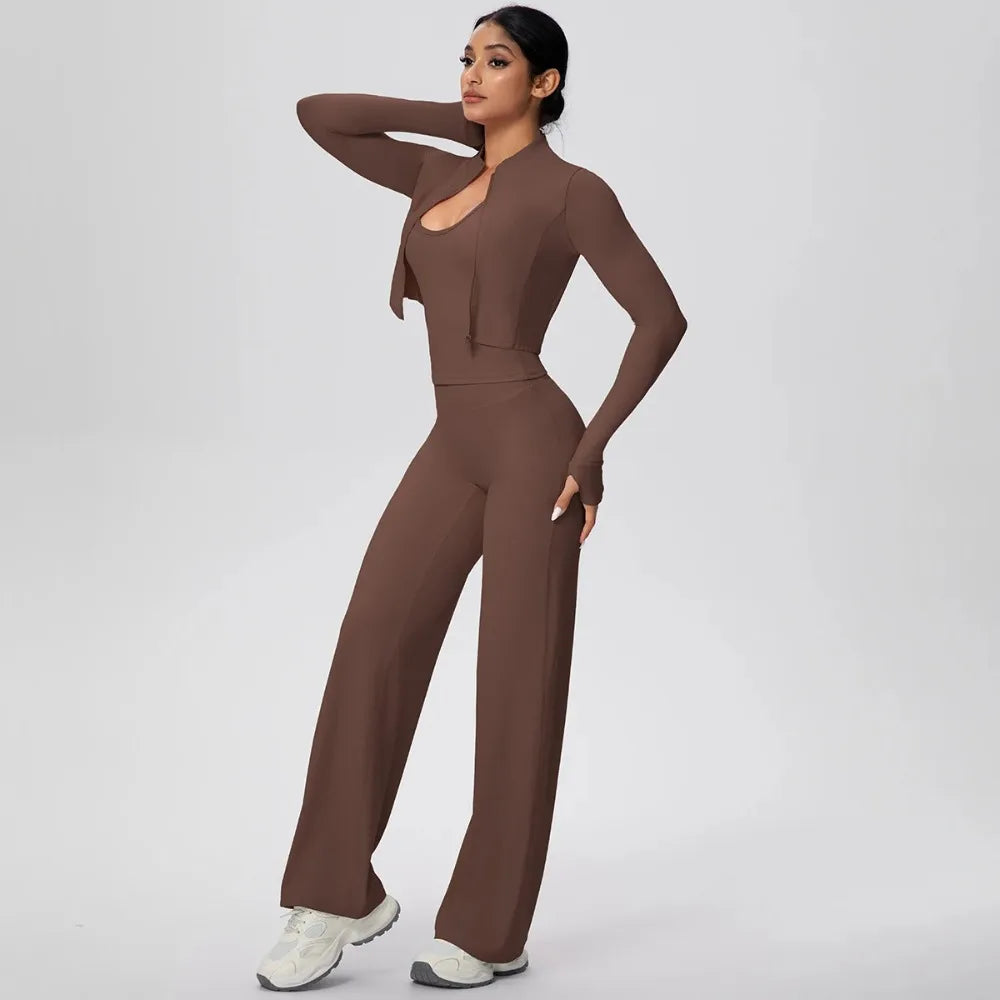 Women's Fitness Yoga Set - Naked Feel Strap Bra with Removable Pads & Zipper Long Sleeved Trousers, Workout Activewear for Gym