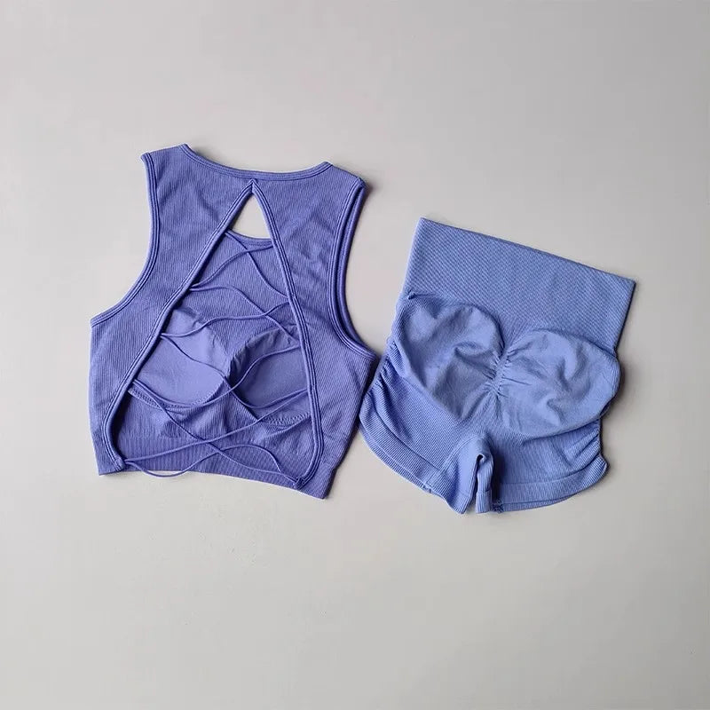 2025 Women's Seamless Racerback Yoga Set – Sports Bra + Shorts – Moisture-Wicking Activewear for Running, Fitness & Workouts