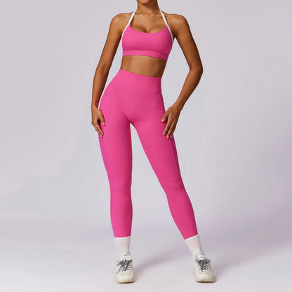 2Pcs Women Gym Workout Set - Backless Yoga Sports Bra Short-Sleeved Shirt Running Leggings, High Waist Fitness Active Wear