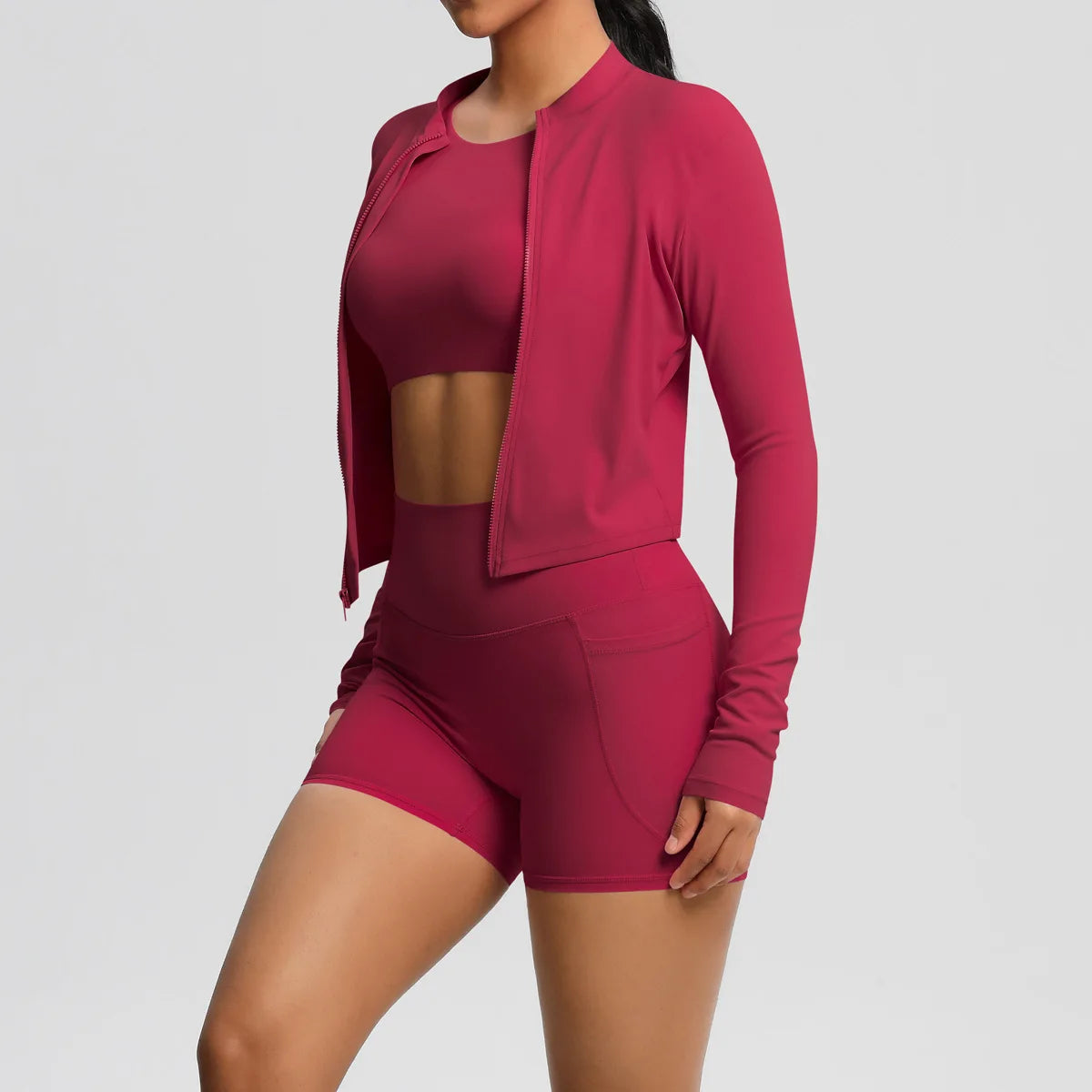 Nude Brushed Yoga Three-Piece Set – Long-Sleeved Sports Jacket, Casual Pocket Shorts & Hip-Lifting Design, for Running Fitness