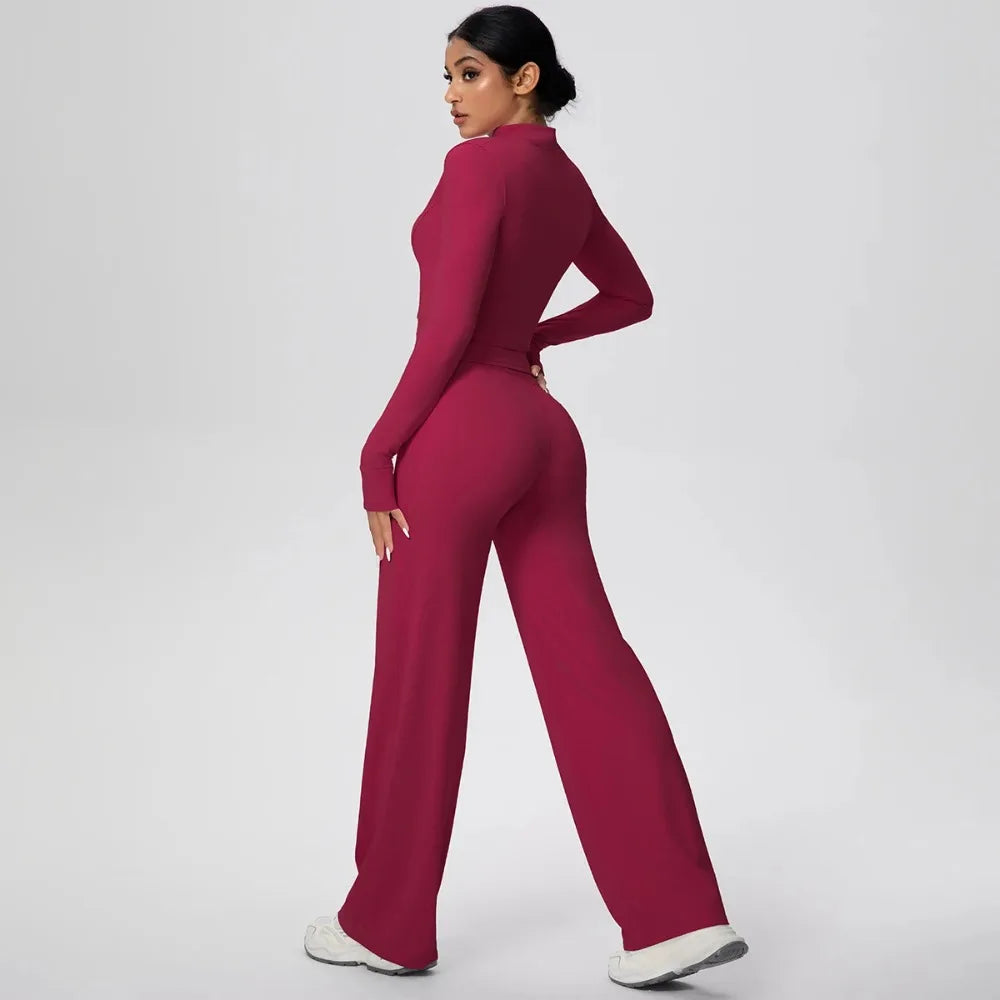 Women's Fitness Yoga Set - Naked Feel Strap Bra with Removable Pads & Zipper Long Sleeved Trousers, Workout Activewear for Gym