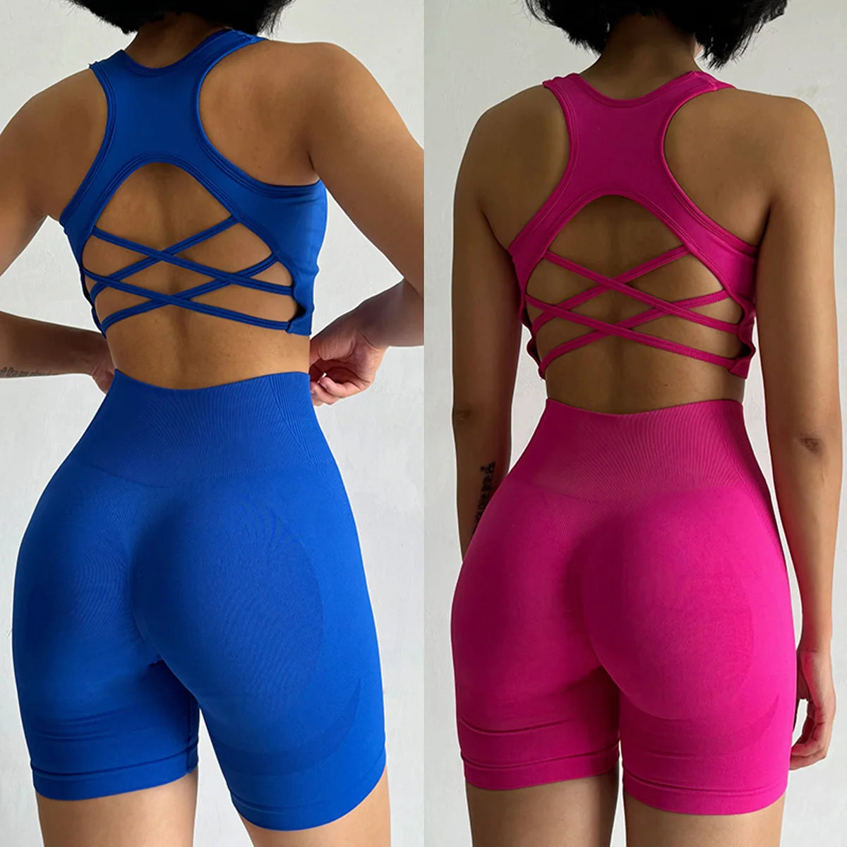 Conjunto de 2 piezas sin costuras de yoga para mujer – Pantalones cortos y top de secado rápido, ropa deportiva de espalda cruzada – Conjunto de fitness para correr, yoga y entrenamientos