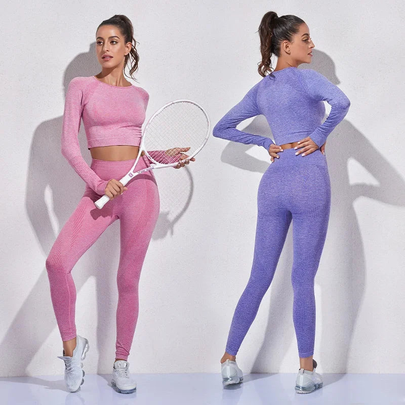 Conjunto de yoga sin costuras de leggings y top, mono de fitness, top de yoga de manga larga para mujer, ropa deportiva de gimnasio para mujer