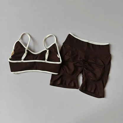 Conjunto deportivo sin costuras para mujer, sujetador deportivo acolchado, pantalones cortos de yoga que levantan la cadera para fitness