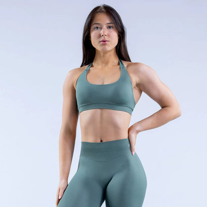 Sujetador deportivo halter sin costuras para mujer, con espalda abierta, a prueba de golpes, elástico, top de yoga para gimnasio, correr, fitness y uso diario casual