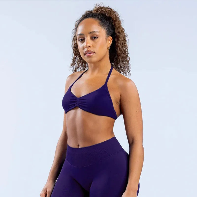 Seamless Nylon Halter Yoga Bra Women Backless High Support Workout Sports Bra Breathable Stretch Fitness Activewear Intimate Top