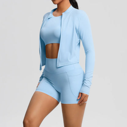 Nude Brushed Yoga Three-Piece Set – Long-Sleeved Sports Jacket, Casual Pocket Shorts & Hip-Lifting Design, for Running Fitness