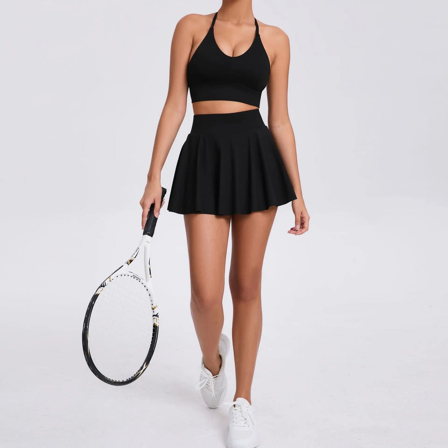 Conjunto de yoga para mujer con sujetador y falda corta de tenis - Traje de fitness, conjunto de running, camiseta sin mangas para exteriores con bolsillo, ropa deportiva