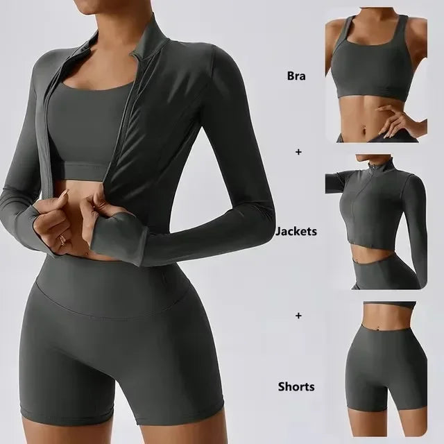 Conjunto de yoga 3 piezas traje deportivo para mujer ropa de yoga de secado rápido chaquetas de gimnasia ropa deportiva para mujer chaquetas de running conjunto para mujer