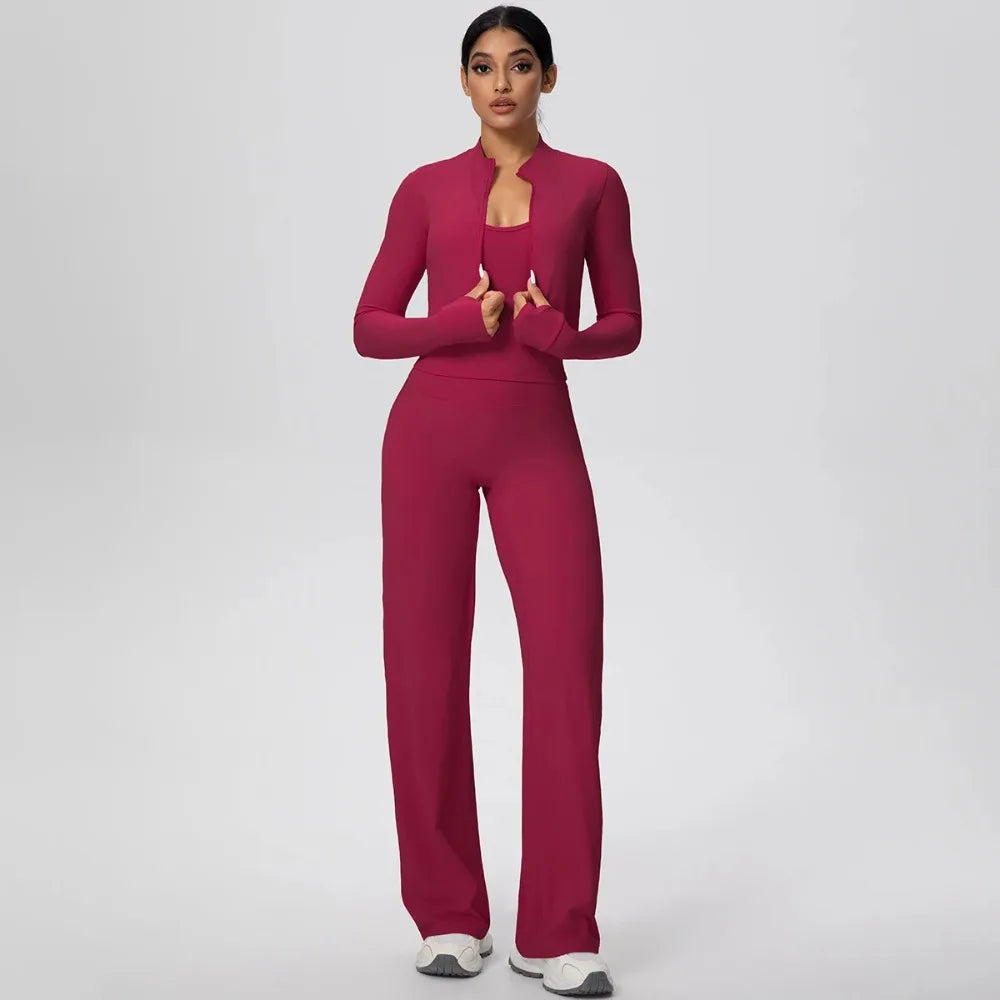 Women's Fitness Yoga Set - Naked Feel Strap Bra with Removable Pads & Zipper Long Sleeved Trousers, Workout Activewear for Gym