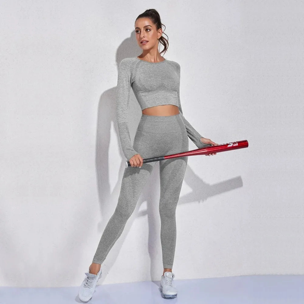 Women's 5-Piece Seamless Yoga Set, Dot Print Crop Top High Waist Leggings Long Sleeve Activewear for Gym Pilates Outdoor Fitness