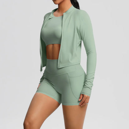 Nude Brushed Yoga Three-Piece Set – Long-Sleeved Sports Jacket, Casual Pocket Shorts & Hip-Lifting Design, for Running Fitness